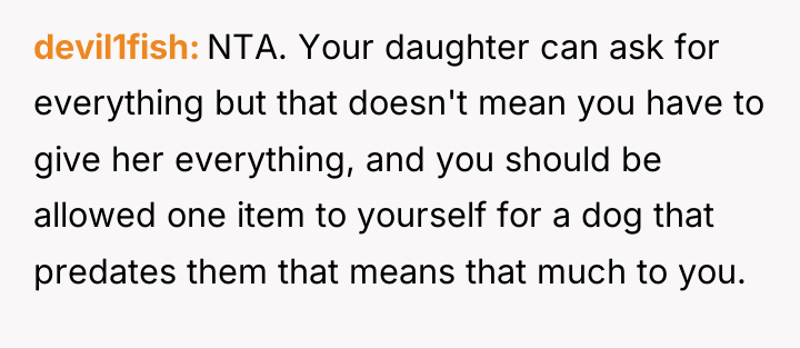 devil1fish NTA. Your daughter can ask for everything but that...