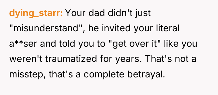 dying_starr Your dad didn't just "misunderstand", he invited your literal...