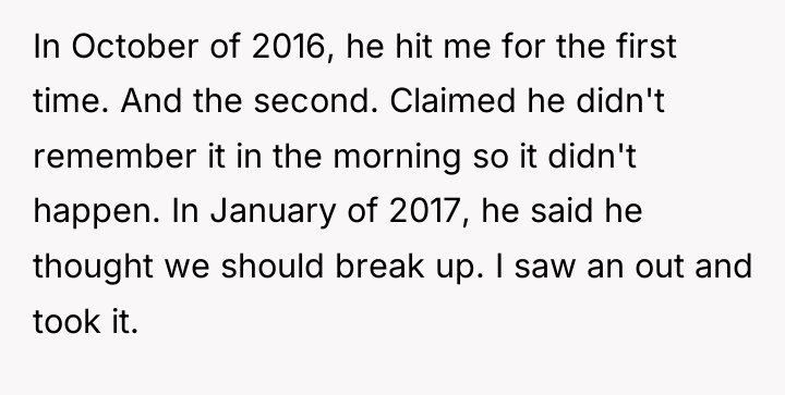 In October of 2016, he hit me for the first...
