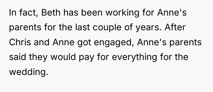 In fact, Beth has been working for Anne's parents for...