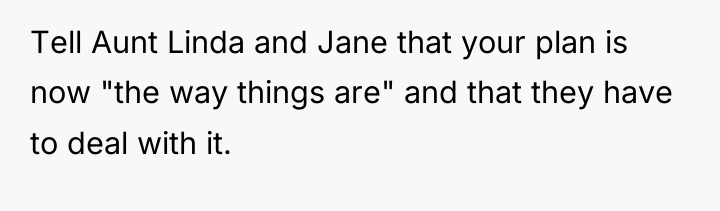 Tell Aunt Linda and Jane that your plan is now...