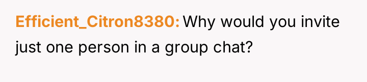 Efficient_Citron8380 Why would you invite just one person in a...