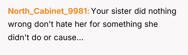 North_Cabinet_9981 Your sister did nothing wrong don't hate her for...
