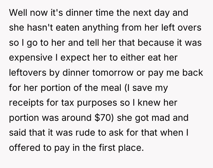 Well now it's dinner time the next day and she...