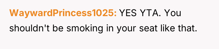 WaywardPrincess1025 YES YTA. You shouldn't be smoking in your seat...