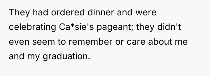 They had ordered dinner and were celebrating Ca*sie's pageant; they...