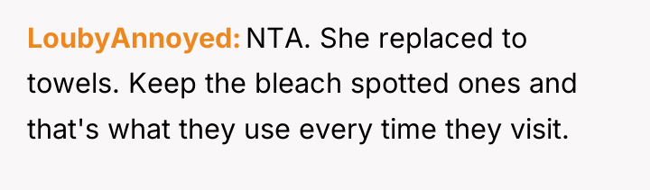 LoubyAnnoyed NTA. She replaced to towels. Keep the bleach spotted...