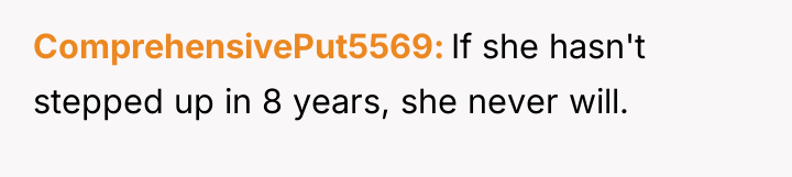 ComprehensivePut5569 If she hasn't stepped up in 8 years, she...