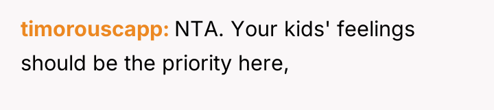 timorouscapp NTA. Your kids' feelings should be the priority here,
