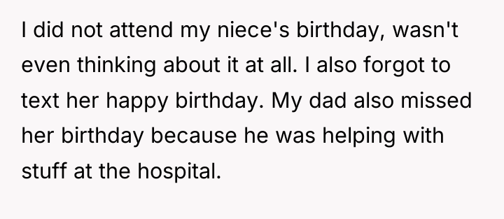 I did not attend my niece's birthday, wasn't even thinking...