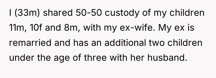 I (33m) shared 50-50 custody of my children 11m, 10f...