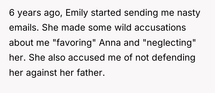 6 years ago, Emily started sending me nasty emails. She...