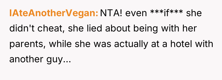 IAteAnotherVegan NTA! even ***if*** she didn't cheat, she lied about...