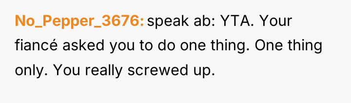No_Pepper_3676 speak ab: YTA. Your fiancé asked you to do...