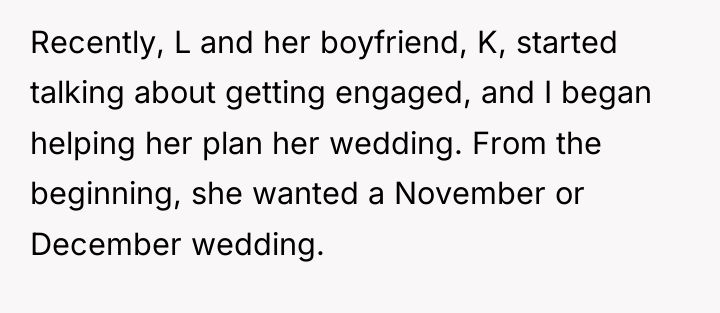 Recently, L and her boyfriend, K, started talking about getting...
