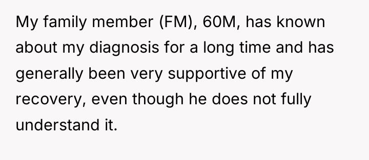 My family member (FM), 60M, has known about my diagnosis...