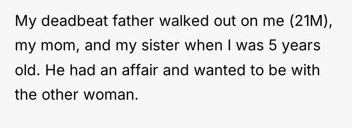 My deadbeat father walked out on me (21M), my mom,...