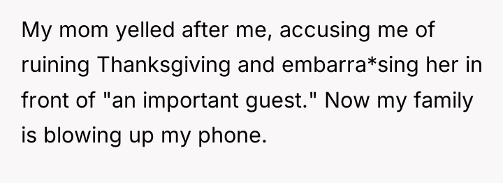 My mom yelled after me, accusing me of ruining Thanksgiving...
