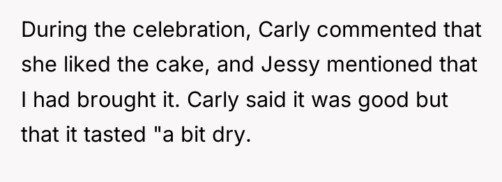 During the celebration, Carly commented that she liked the cake,...