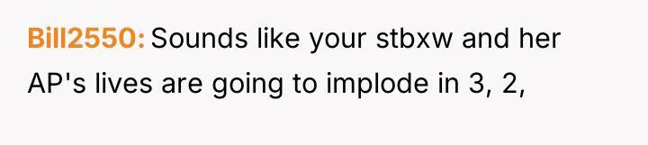 Bill2550 Sounds like your stbxw and her AP's lives are...