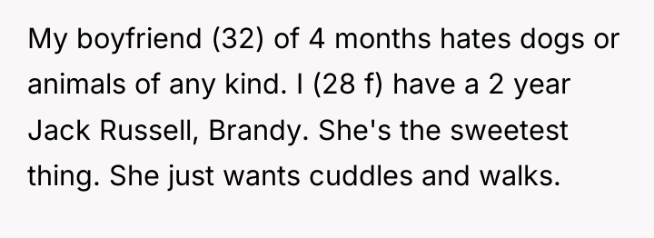 My boyfriend (32) of 4 months hates dogs or animals...