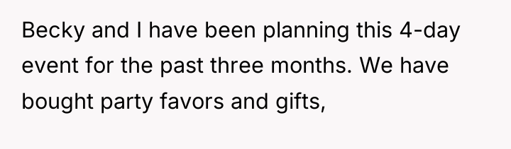 Becky and I have been planning this 4-day event for...