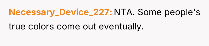Necessary_Device_227 NTA. Some people's true colors come out eventually.