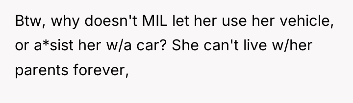 Btw, why doesn't MIL let her use her vehicle, or...