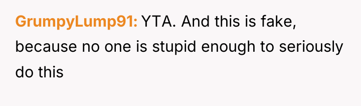 GrumpyLump91 YTA. And this is fake, because no one is...