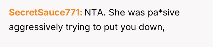 SecretSauce771 NTA. She was pa*sive aggressively trying to put you...