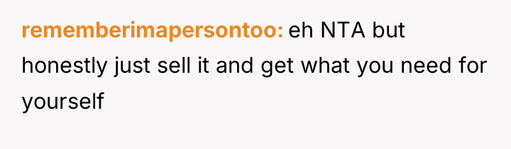 rememberimapersontoo eh NTA but honestly just sell it and get...