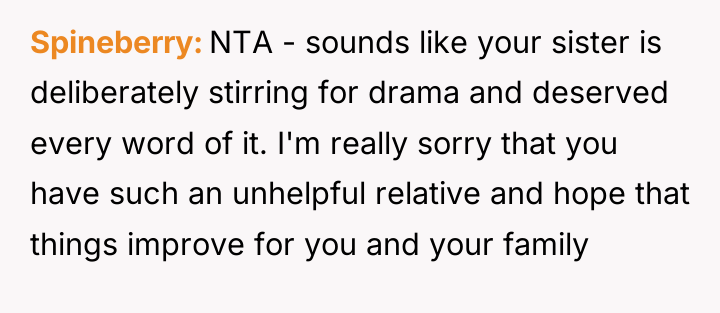 Spineberry NTA - sounds like your sister is deliberately stirring...