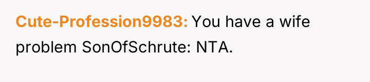 Cute-Profession9983 You have a wife problem SonOfSchrute: NTA.