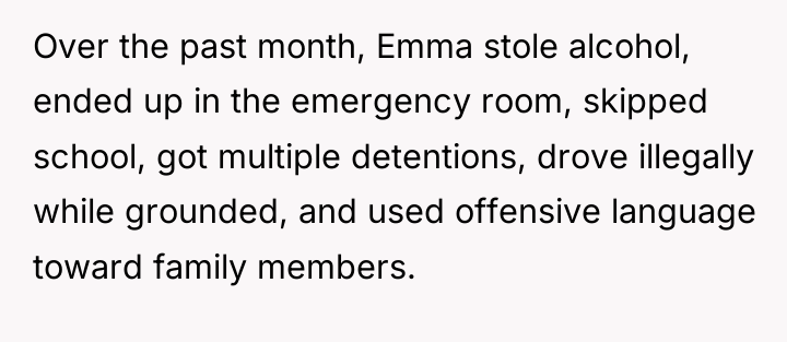 Over the past month, Emma stole alcohol, ended up in...