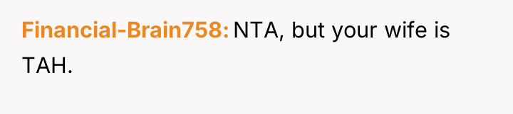 Financial-Brain758 NTA, but your wife is TAH.
