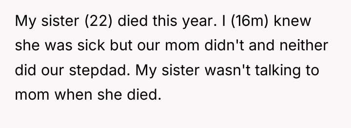 My sister (22) died this year. I (16m) knew she...