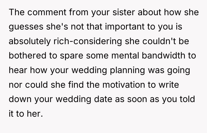 The comment from your sister about how she guesses she's...