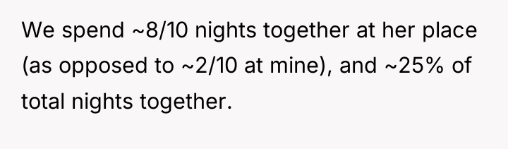 We spend ~8/10 nights together at her place (as opposed...