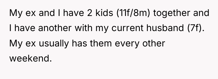 My ex and I have 2 kids (11f/8m) together and...