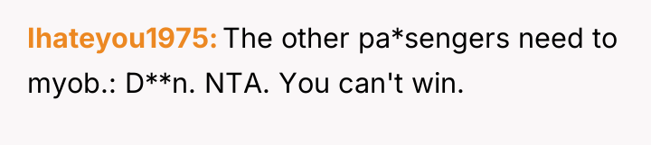 Ihateyou1975 The other pa*sengers need to myob.: D**n. NTA. You...
