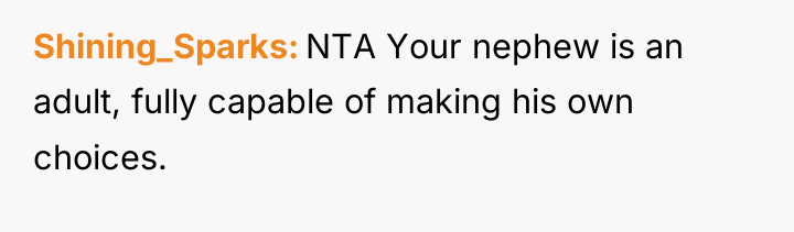 Shining_Sparks NTA Your nephew is an adult, fully capable of...