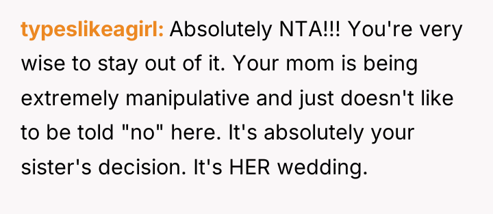 typeslikeagirl Absolutely NTA!!! You're very wise to stay out of...