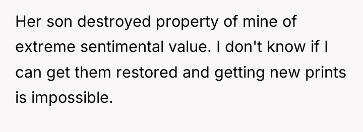 Her son destroyed property of mine of extreme sentimental value....