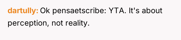 dartully Ok pensaetscribe: YTA. It's about perception, not reality.