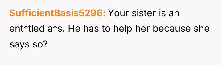 SufficientBasis5296 Your sister is an ent*tled a*s. He has to...