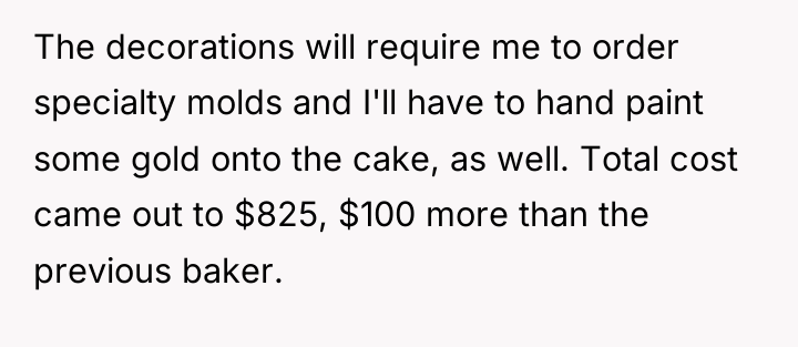 The decorations will require me to order specialty molds and...