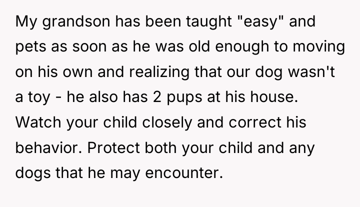 My grandson has been taught "easy" and pets as soon...