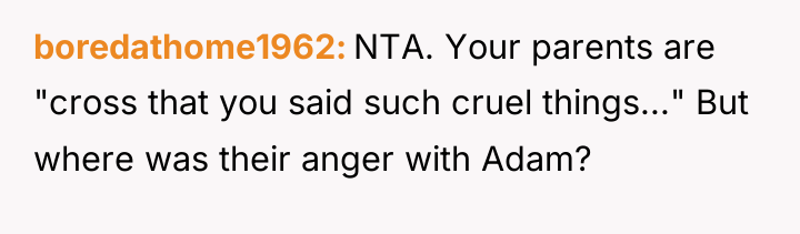 boredathome1962 NTA. Your parents are "cross that you said such...