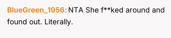 BlueGreen_1956 NTA She f**ked around and found out. Literally.