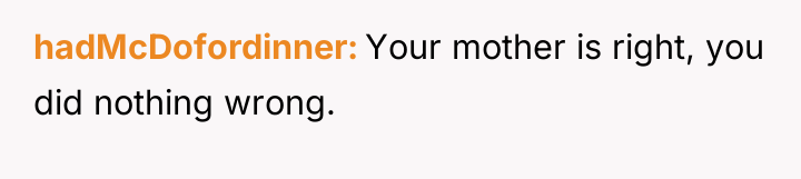 hadMcDofordinner Your mother is right, you did nothing wrong.